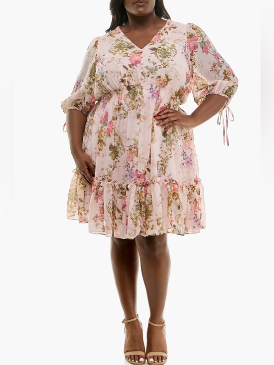 Taylor Dresses & Skirts - Taylor Floral Chiffon A-Line Dress 22W Pink Knee Length V-Neck Balloon Sleeve